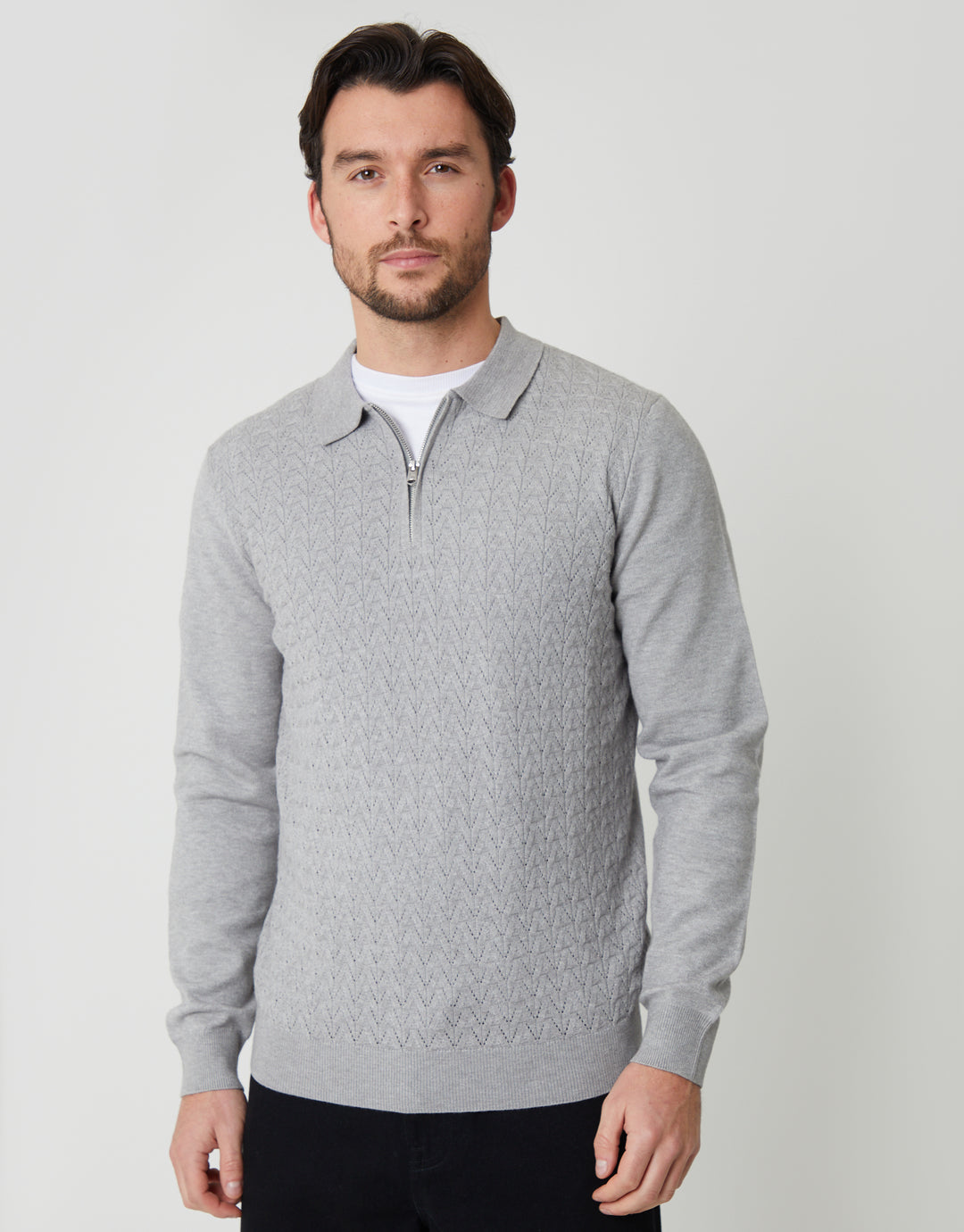 Grey Marl Textured Knit Quarter Zip Polo Jumper