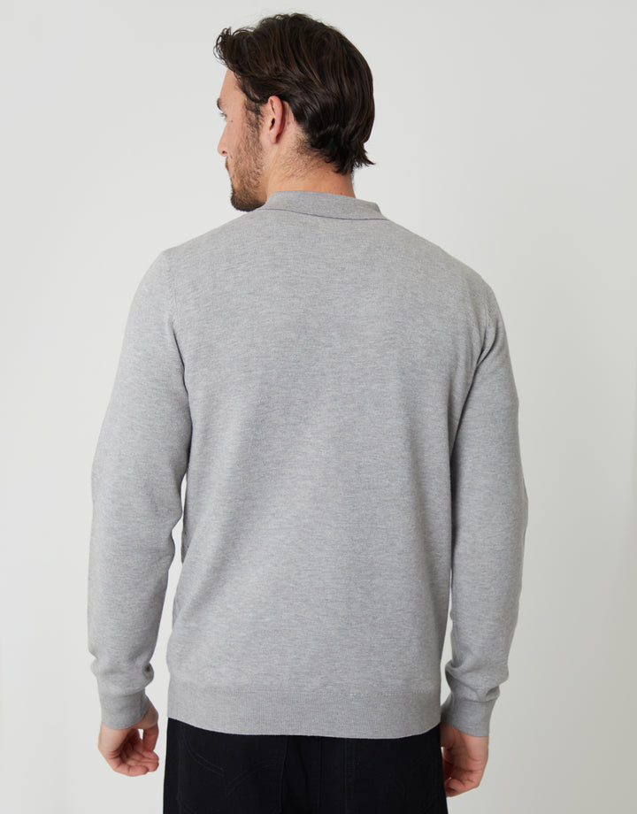 Grey Marl Textured Knit Quarter Zip Polo Jumper