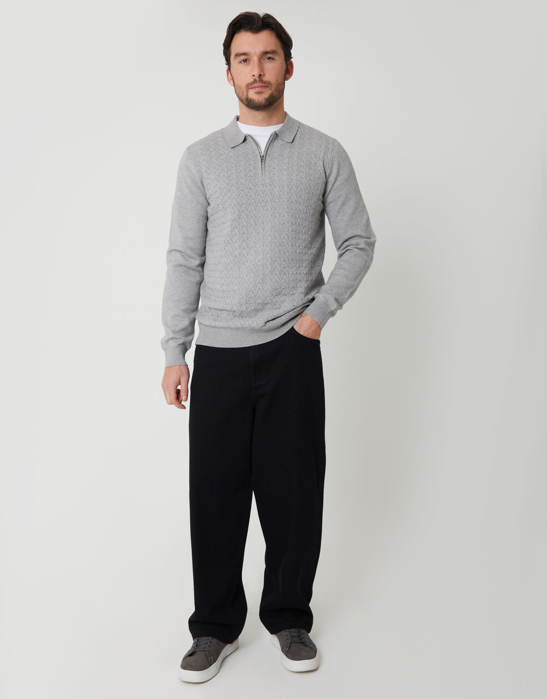 Grey Marl Textured Knit Quarter Zip Polo Jumper