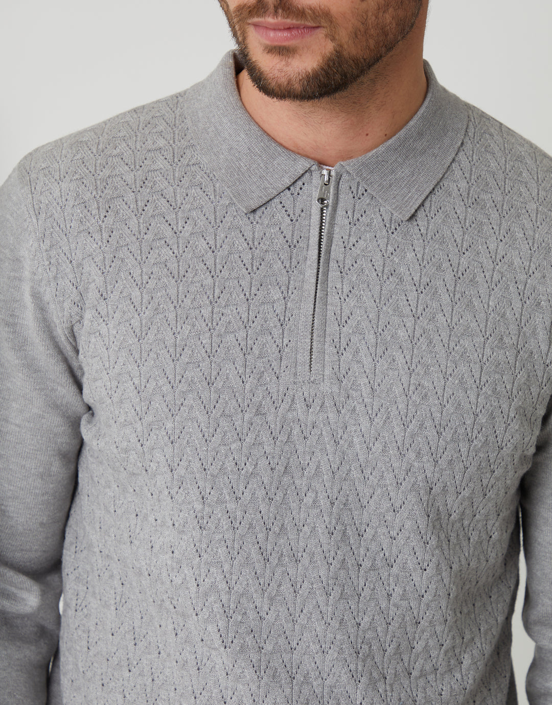 Grey Marl Textured Knit Quarter Zip Polo Jumper