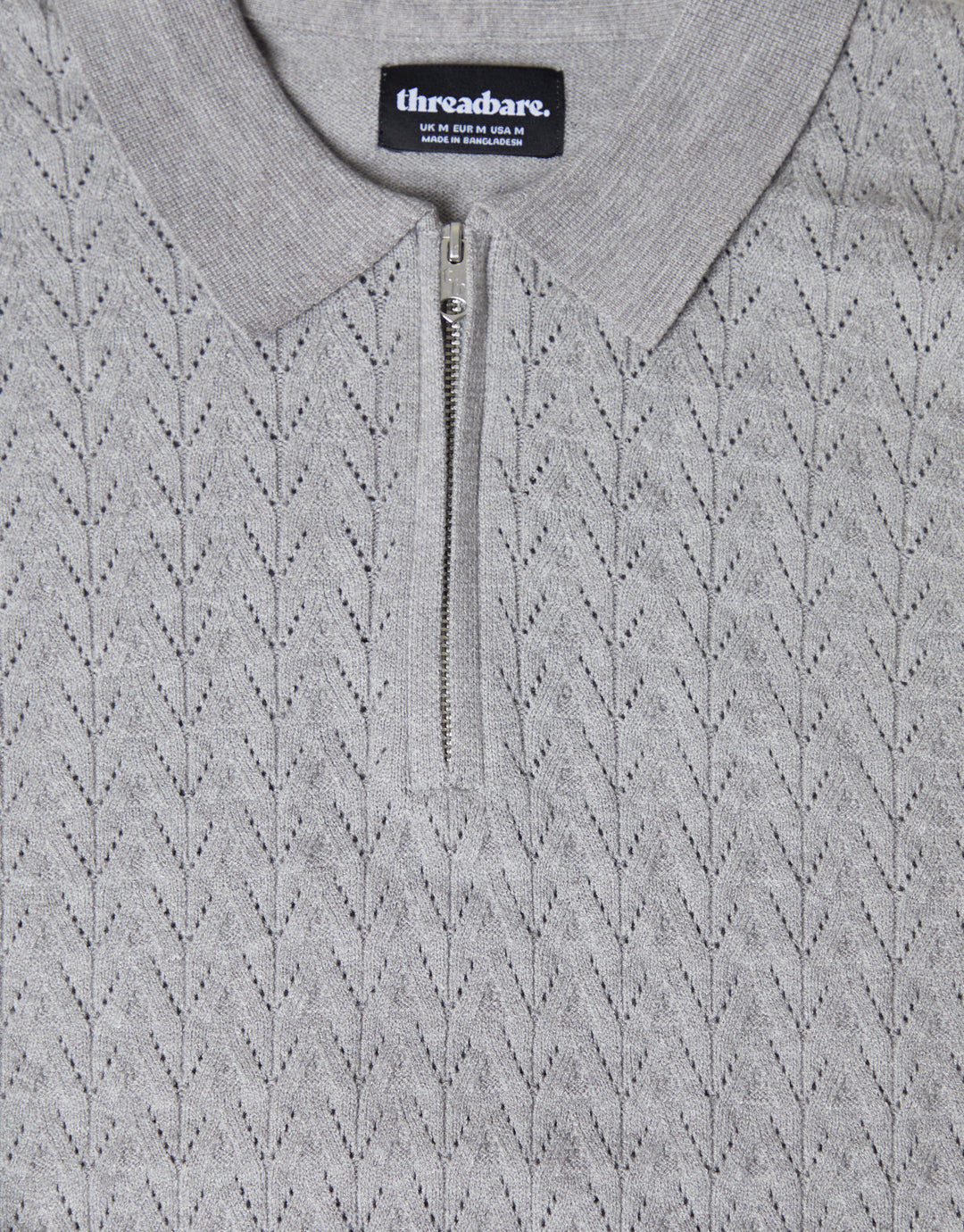 Grey Marl Textured Knit Quarter Zip Polo Jumper