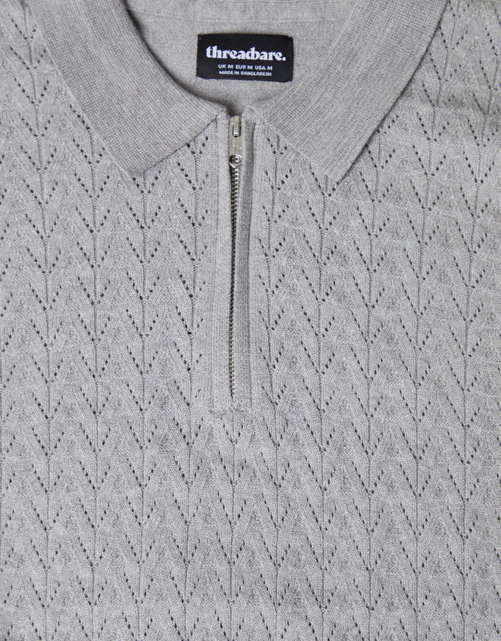 Grey Marl Textured Knit Quarter Zip Polo Jumper