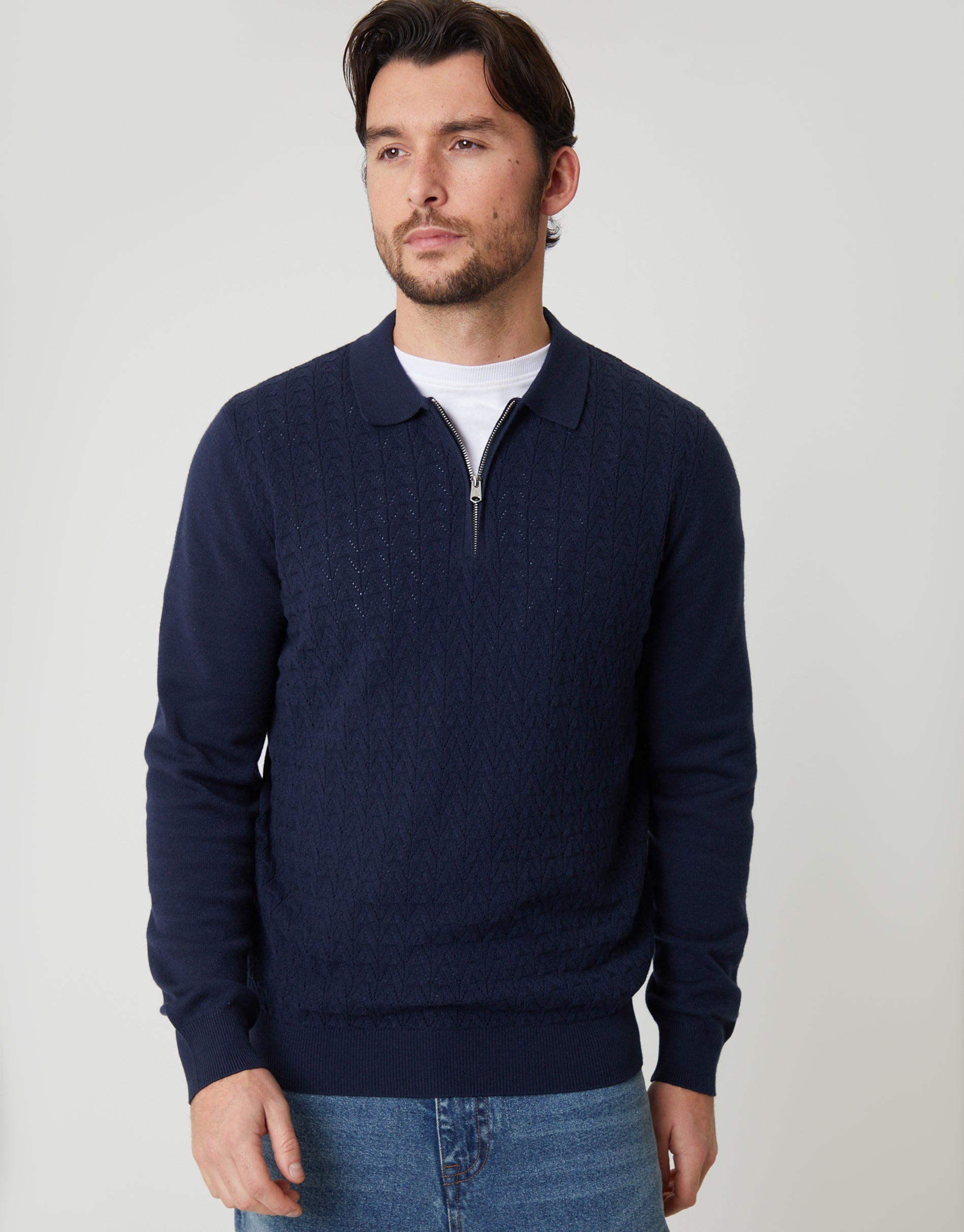 Textured Knit Quarter Zip Polo Jumper in Navy