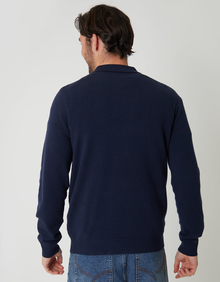Navy Textured Knit Quarter Zip Polo Jumper