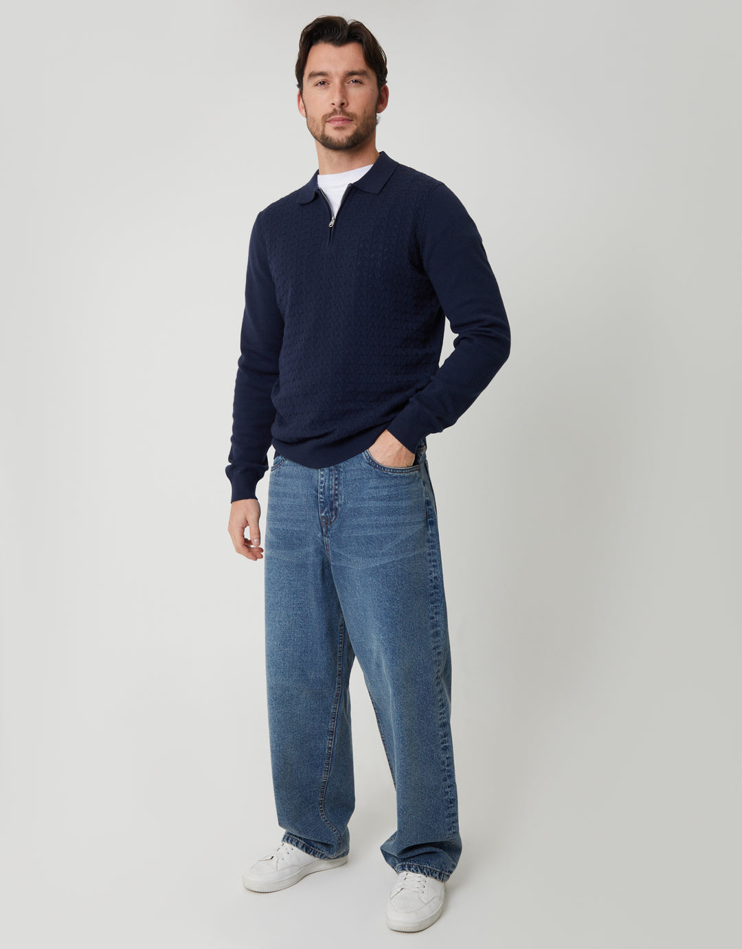 Navy Textured Knit Quarter Zip Polo Jumper