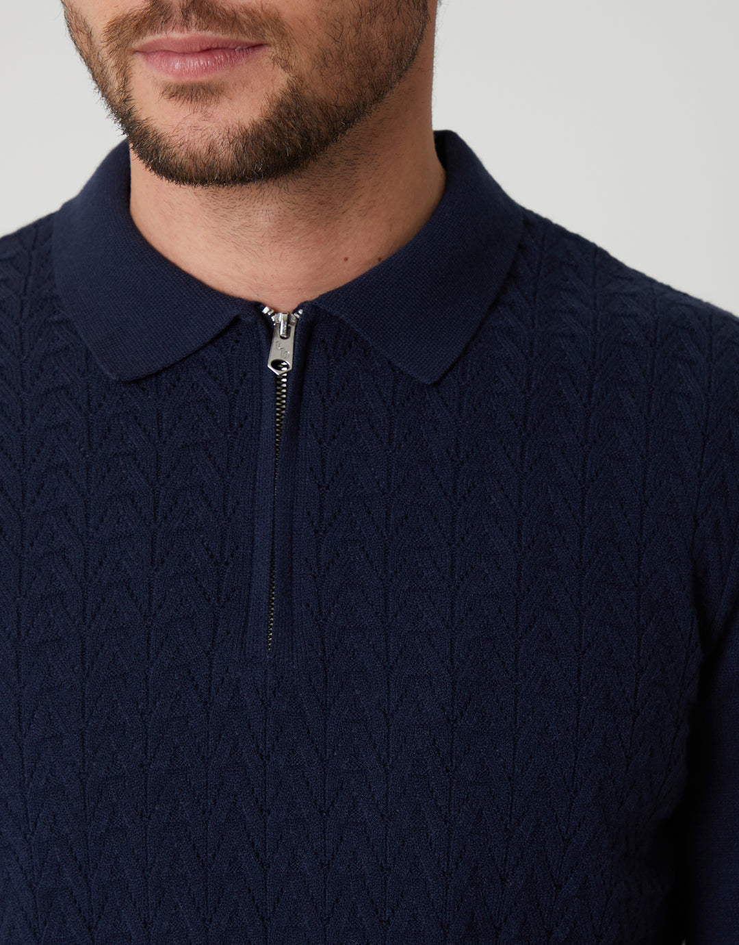 Navy Textured Knit Quarter Zip Polo Jumper