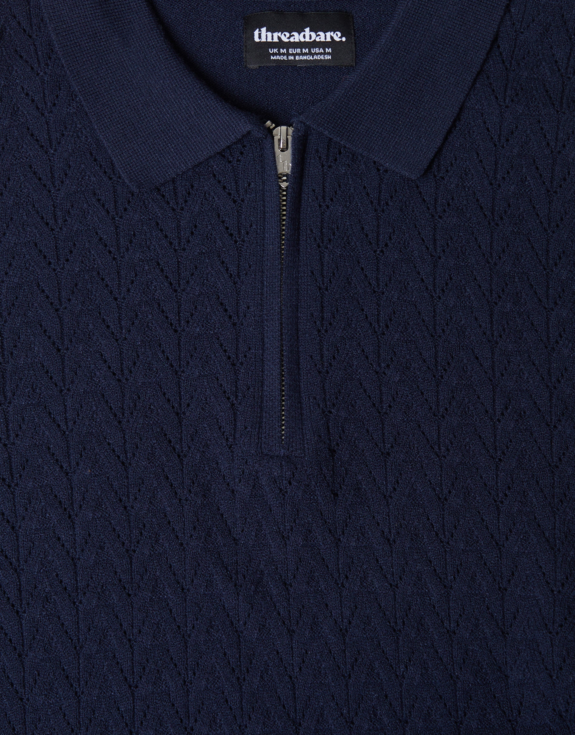 Threadbare Men's Navy Textured Knit Quarter Zip Polo Jumper