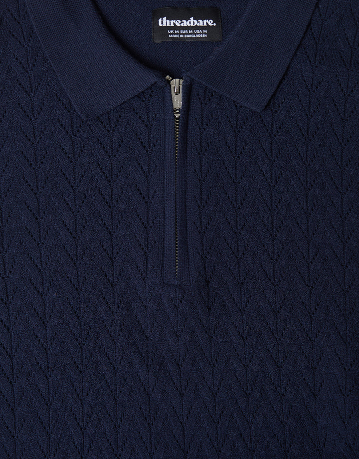 Navy Textured Knit Quarter Zip Polo Jumper