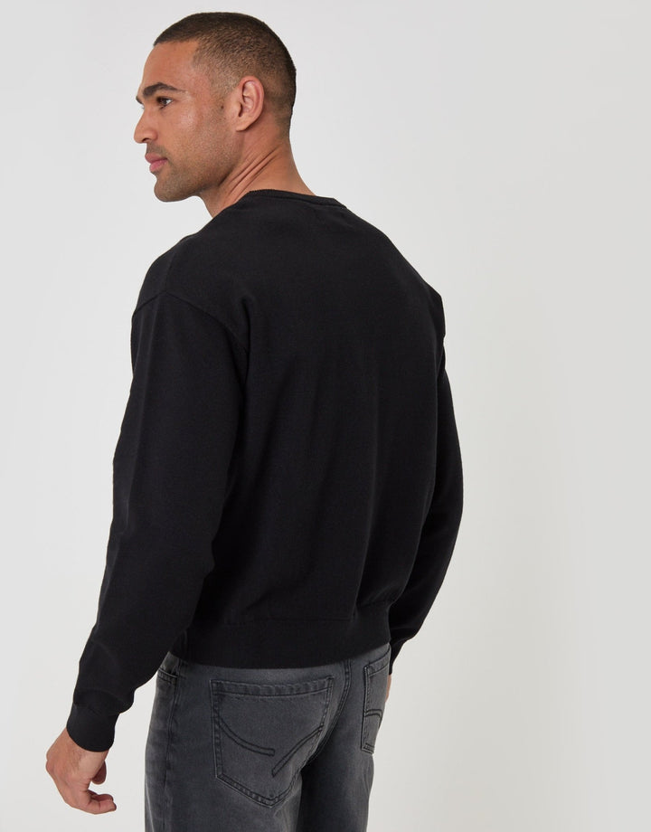 Relaxed Fit Knitted Crew Neck Jumper in Black