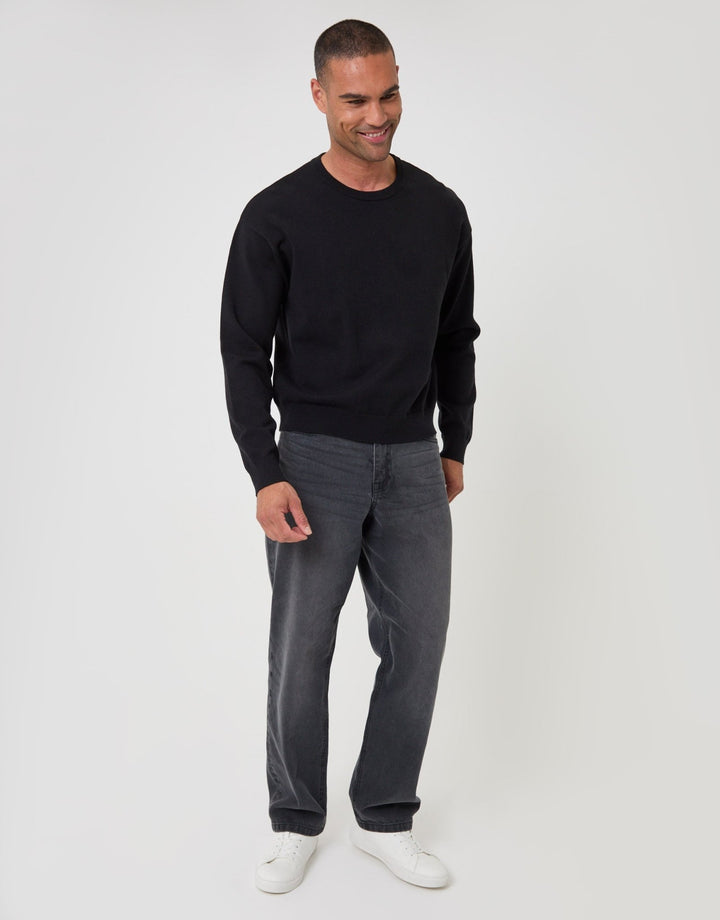 Relaxed Fit Knitted Crew Neck Jumper in Black