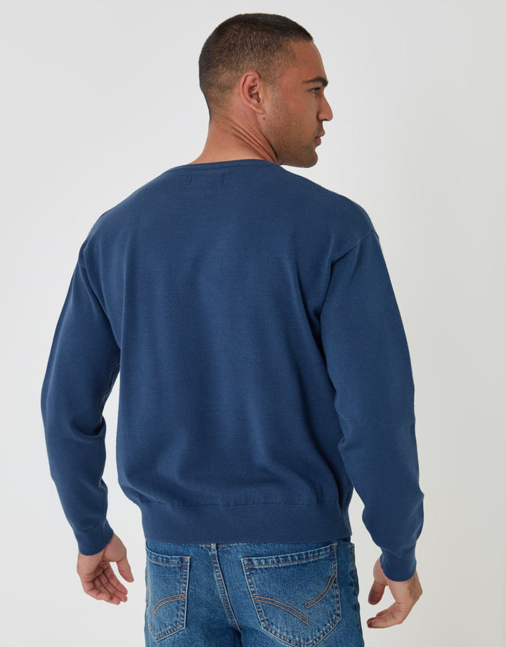 Relaxed Fit Knitted Crew Neck Jumper in Blue