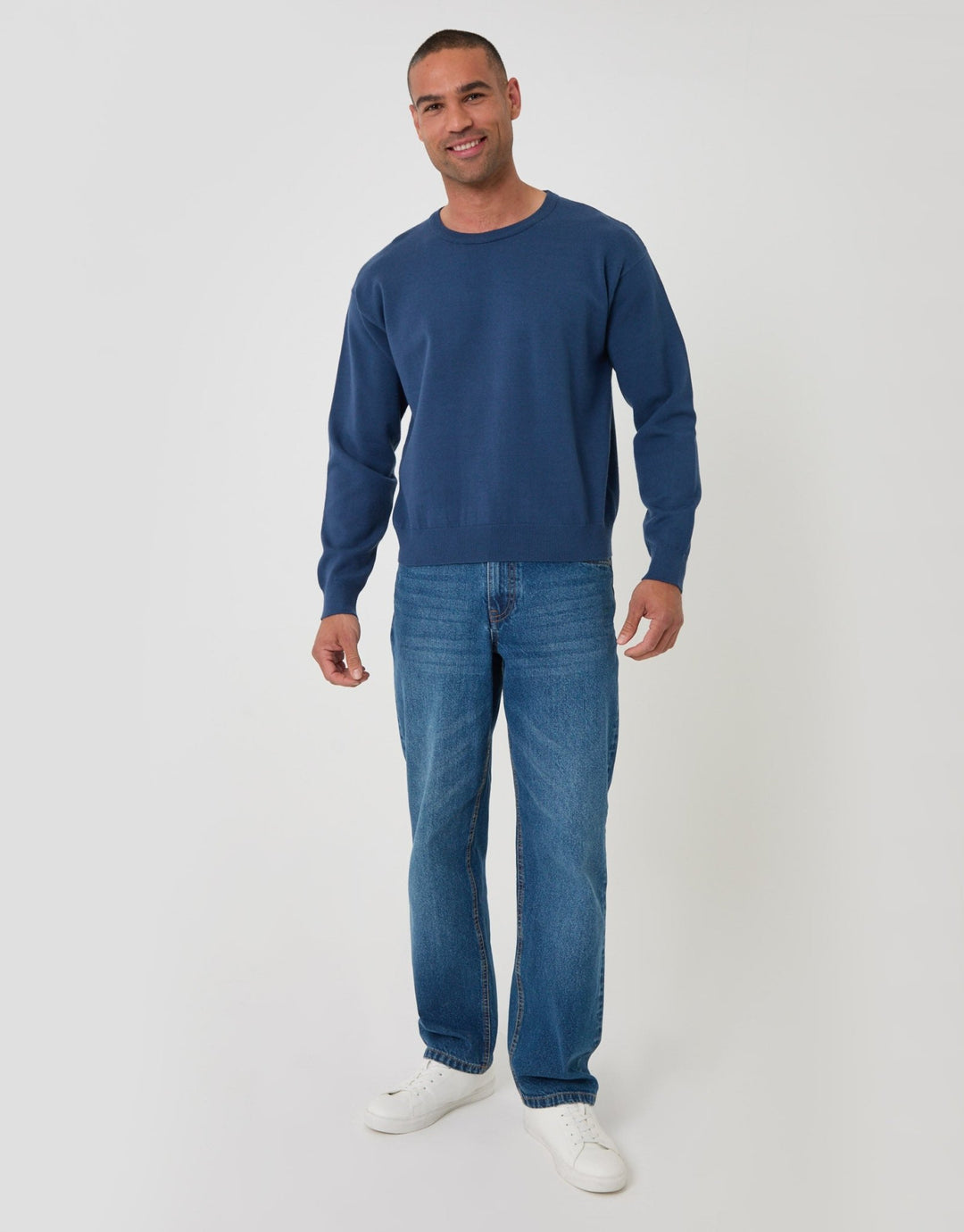 Relaxed Fit Knitted Crew Neck Jumper in Blue