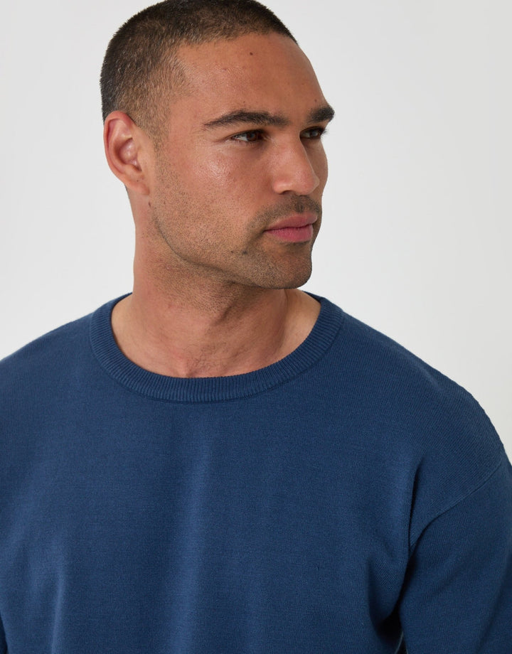 Relaxed Fit Knitted Crew Neck Jumper in Blue