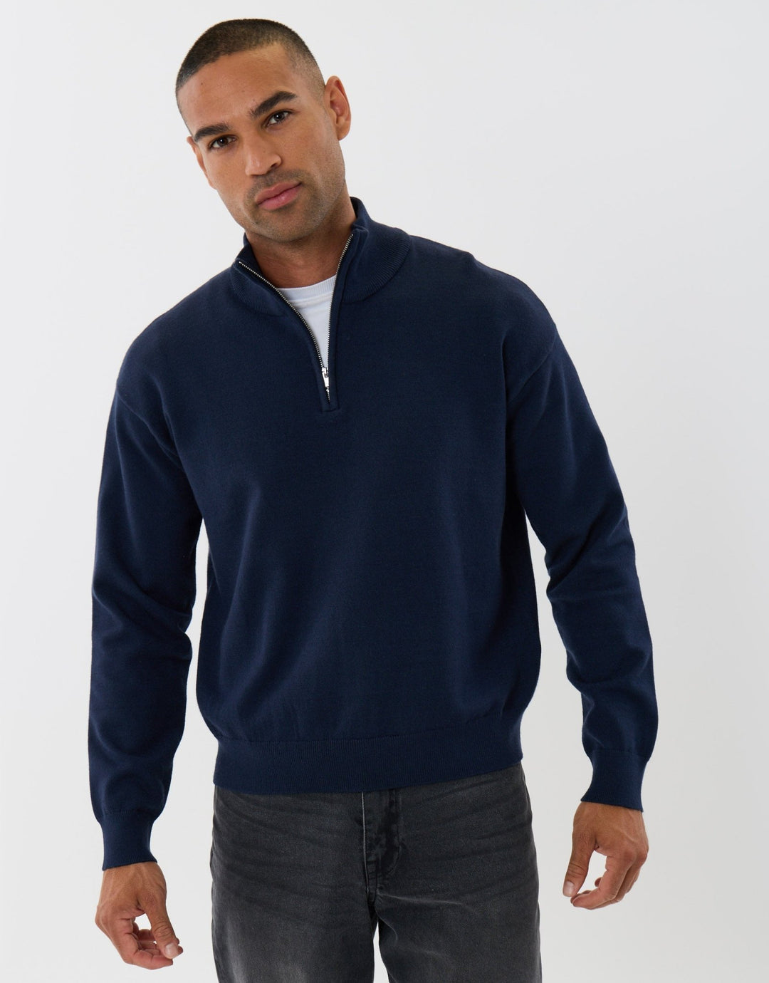 Threadbare Relaxed Fit Quarter Zip Knitted Jumper in Black - front view