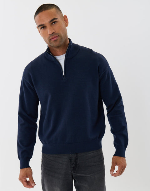 Threadbare Relaxed Fit Quarter Zip Knitted Jumper in Black - front view