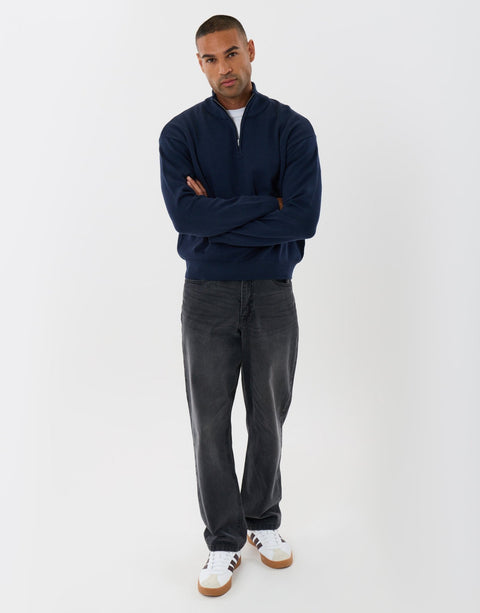 Threadbare Relaxed Fit Quarter Zip Knitted Jumper in Black - full body