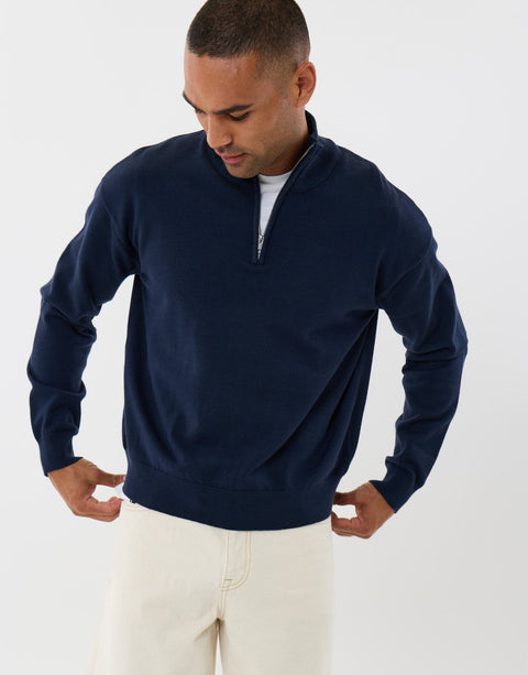Threadbare Relaxed Fit Quarter Zip Knitted Jumper in Navy - front view