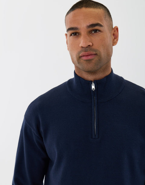 Threadbare Relaxed Fit Quarter Zip Knitted Jumper in Navy - detail