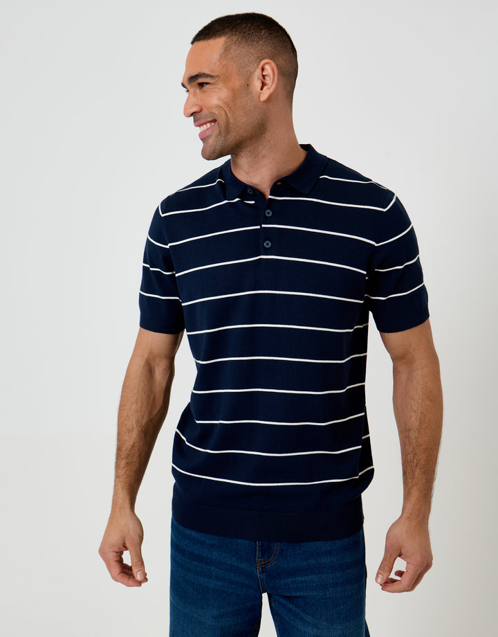 Threadbare Ribbed Stripe Knitted Polo in Navy - front view