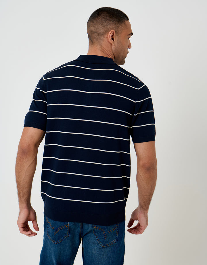 Threadbare Ribbed Stripe Knitted Polo in Navy - back view