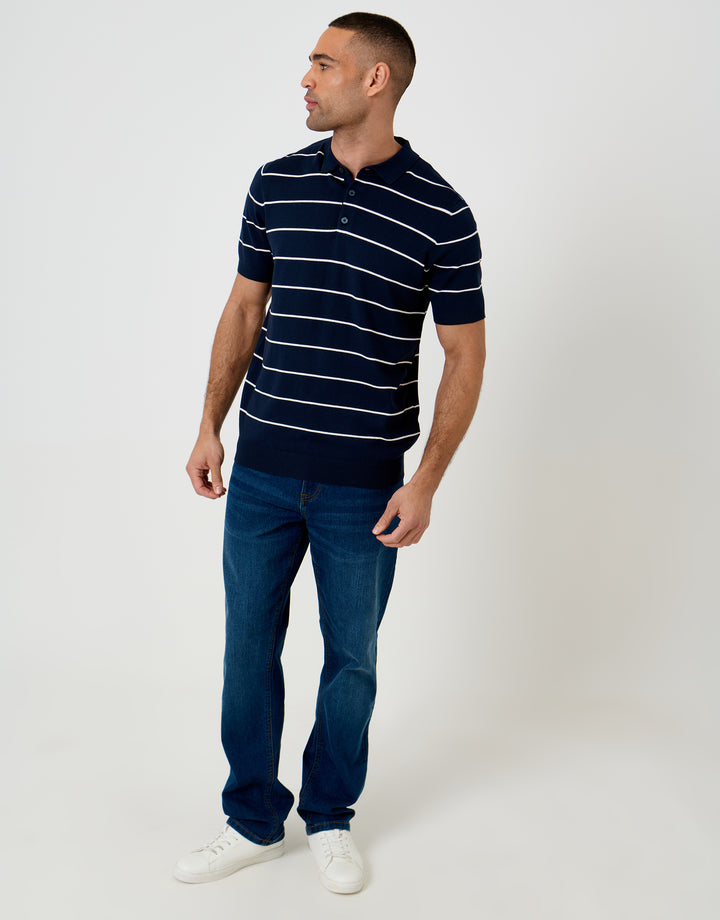 Threadbare Ribbed Stripe Knitted Polo in Navy - full body