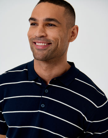 Threadbare Ribbed Stripe Knitted Polo in Navy - front view close up