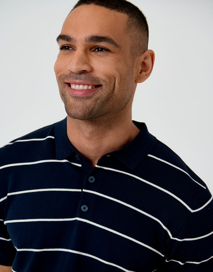 Threadbare Ribbed Stripe Knitted Polo in Navy - front view close up