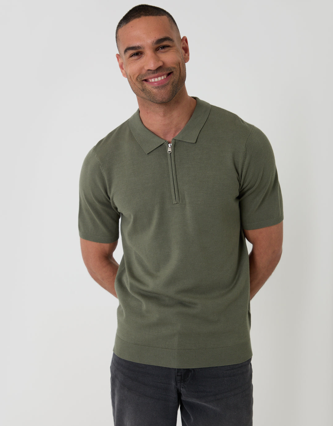 Threadbare Quarter Zip Knitted Polo in  Dark Sage - Full View
