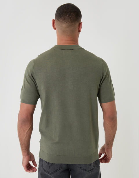 Threadbare Quarter Zip Knitted Polo in  Dark Sage - Back View