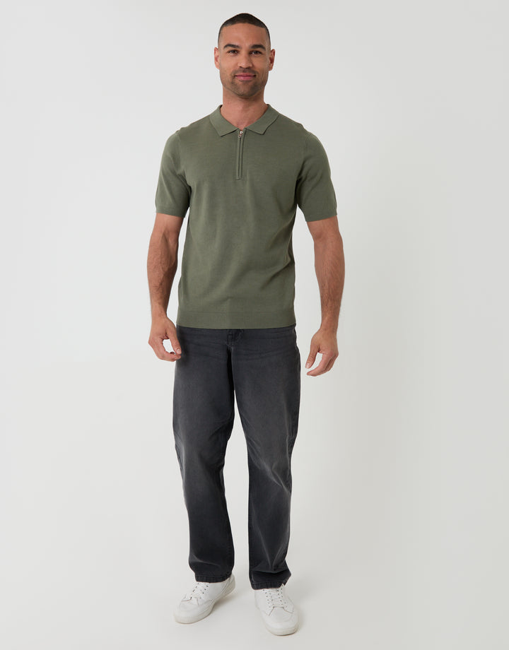 Threadbare Quarter Zip Knitted Polo in  Dark Sage - Full View