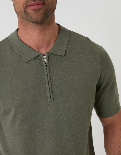 Threadbare Quarter Zip Knitted Polo in  Dark Sage - Front Close View