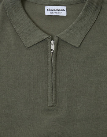 Threadbare Quarter Zip Knitted Polo in  Dark Sage - Close View