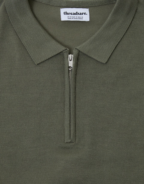Threadbare Quarter Zip Knitted Polo in  Dark Sage - Close View
