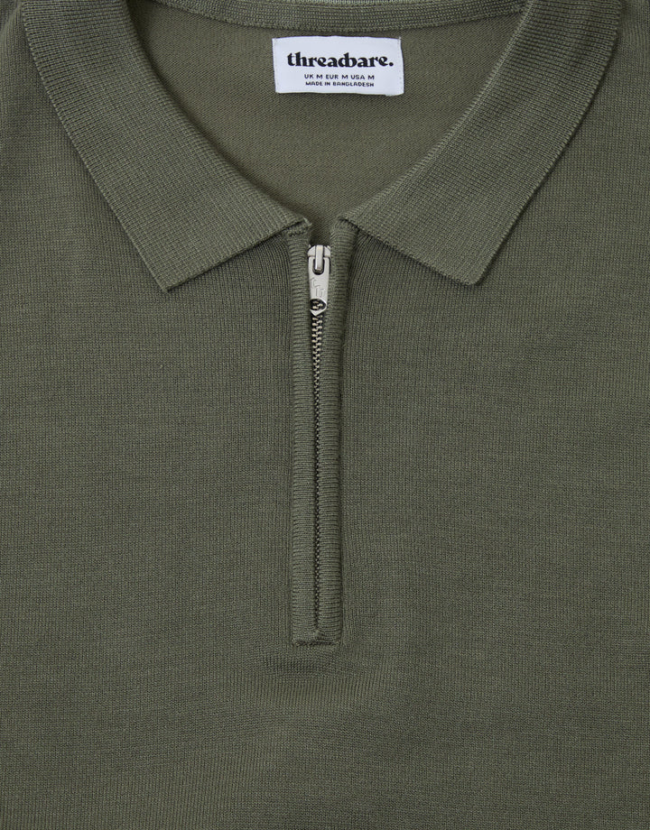 Threadbare Quarter Zip Knitted Polo in  Dark Sage - Close View