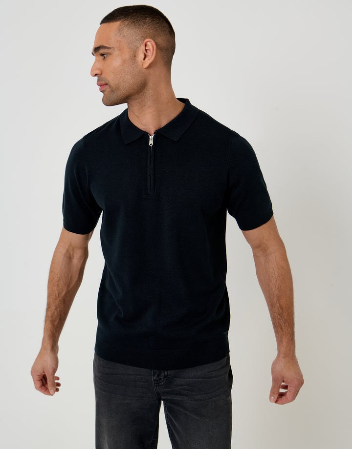 Threadbare Quarter Zip Knitted Polo in Black - front view