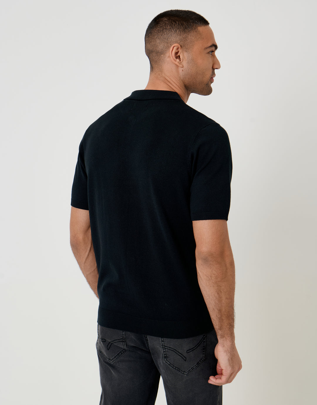 Threadbare Quarter Zip Knitted Polo in Black - back view