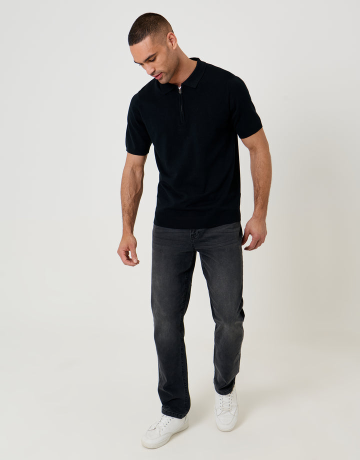 Threadbare Quarter Zip Knitted Polo in Black - full body