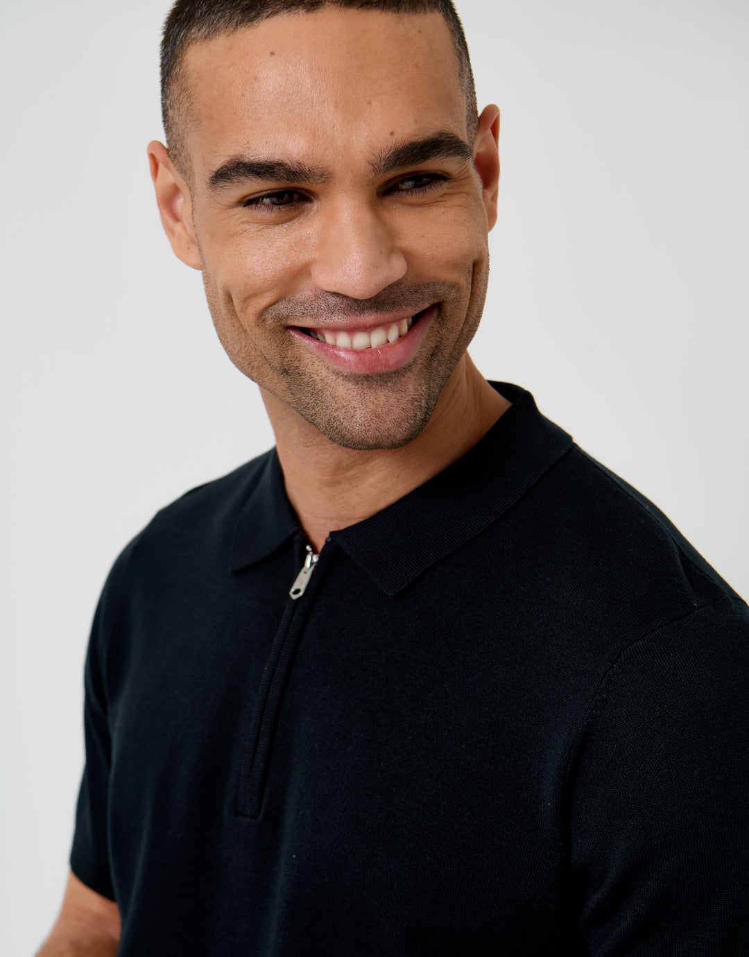 Threadbare Quarter Zip Knitted Polo in Black - collar close up