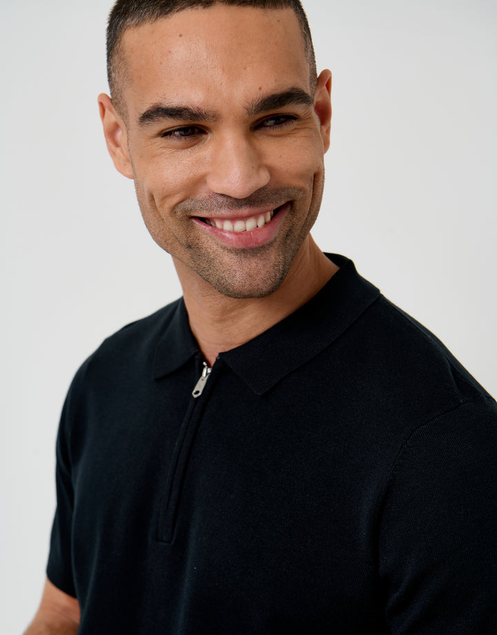 Threadbare Quarter Zip Knitted Polo in Black - collar close up