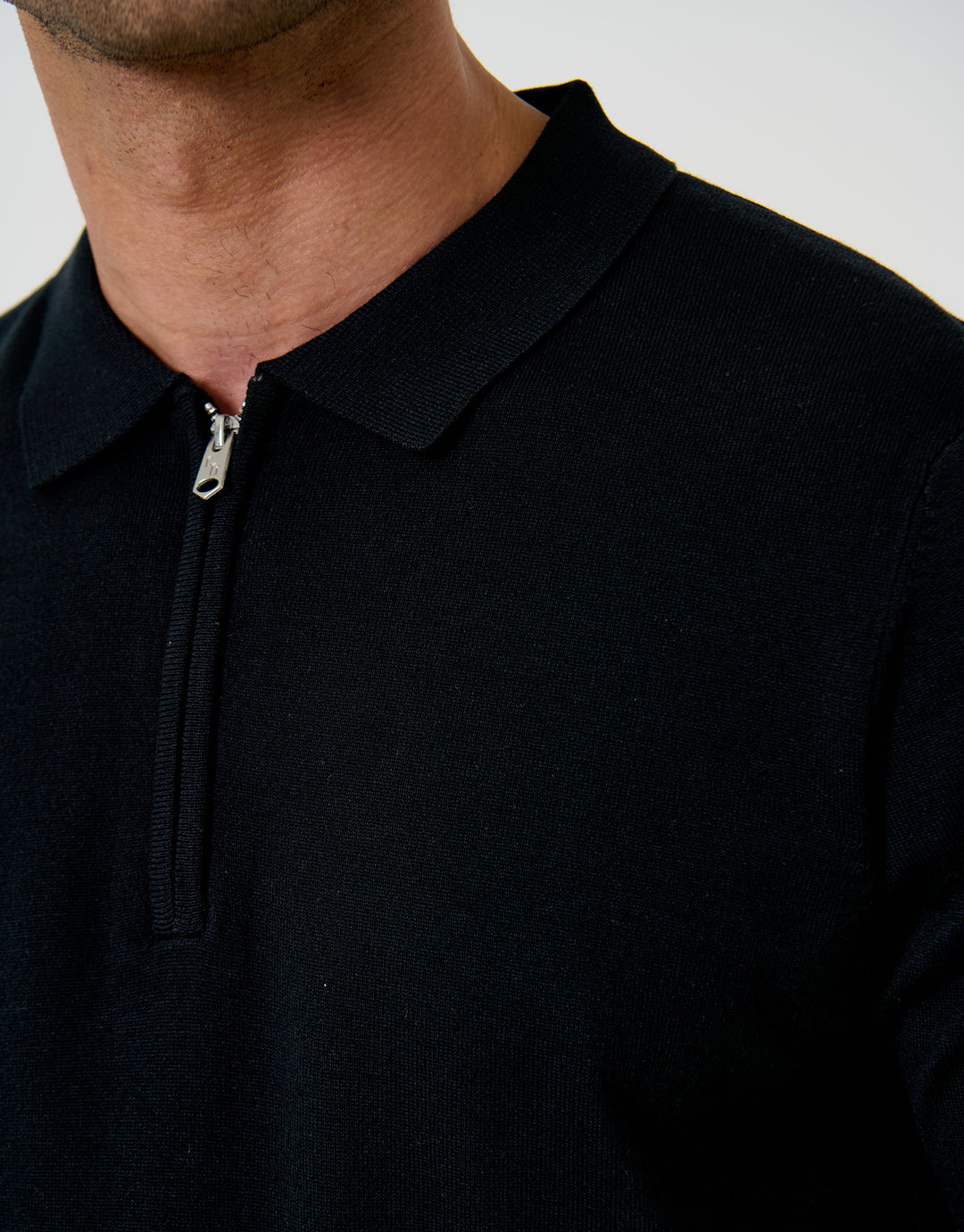 Threadbare Quarter Zip Knitted Polo in Black - zip close up