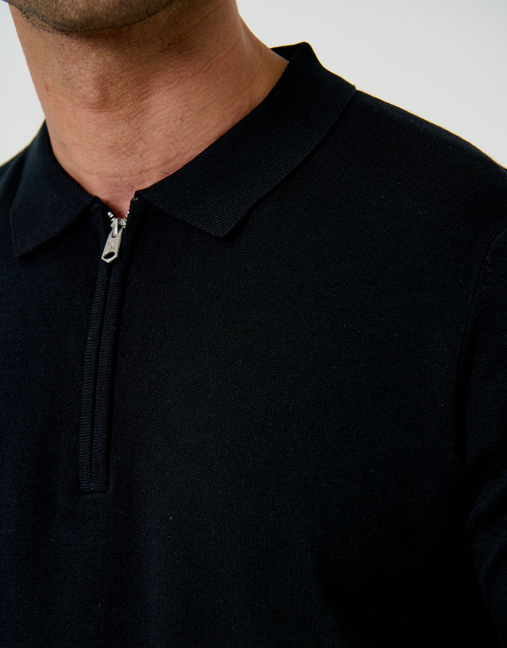 Threadbare Quarter Zip Knitted Polo in Black - zip close up
