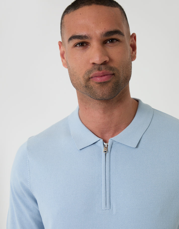 Threadbare Zip Knitted Polo in Light Blue - Front Close View
