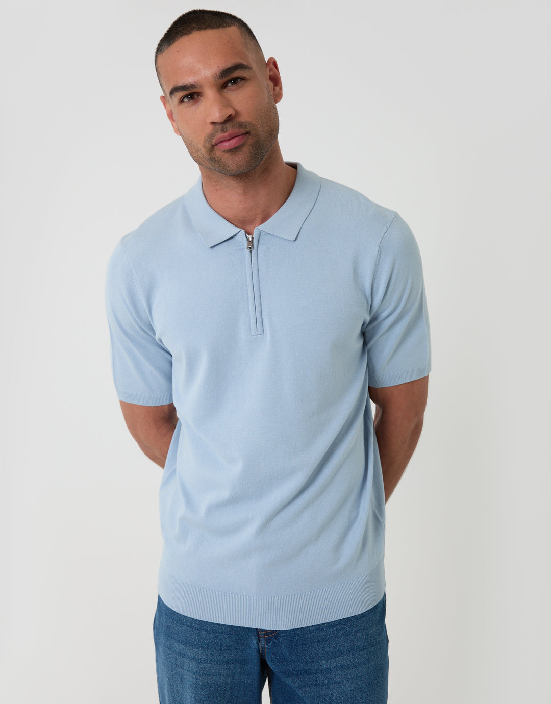 Threadbare Zip Knitted Polo in Light Blue - Front View