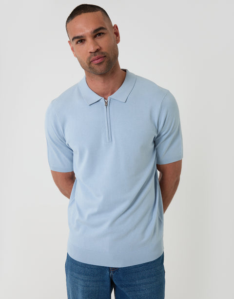 Threadbare Zip Knitted Polo in Light Blue - Front View