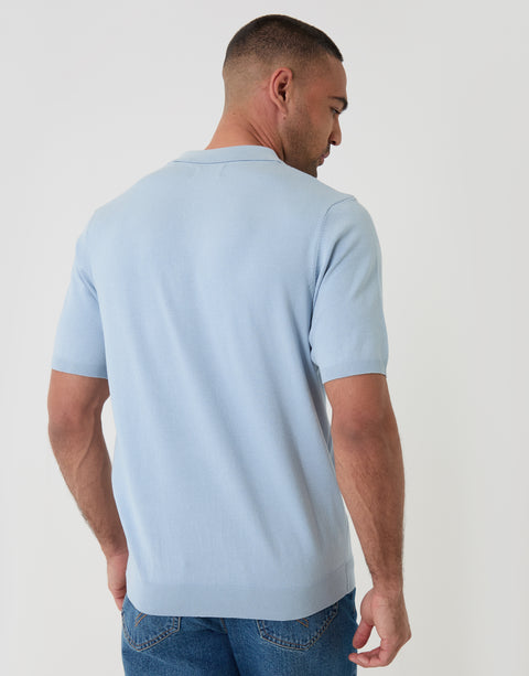 Threadbare Zip Knitted Polo in Light Blue - Back View
