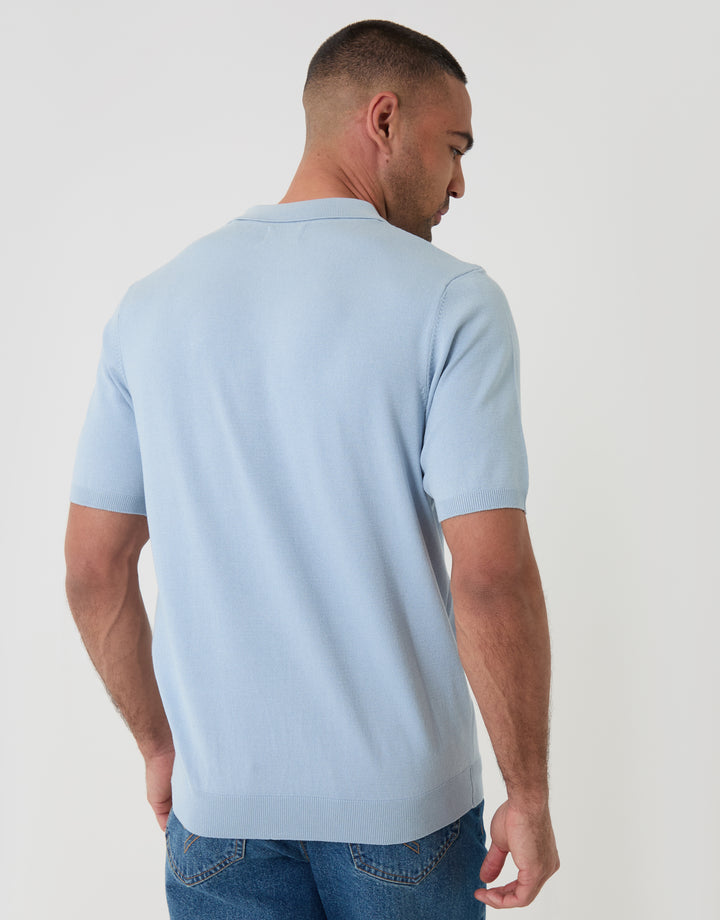 Threadbare Zip Knitted Polo in Light Blue - Back View