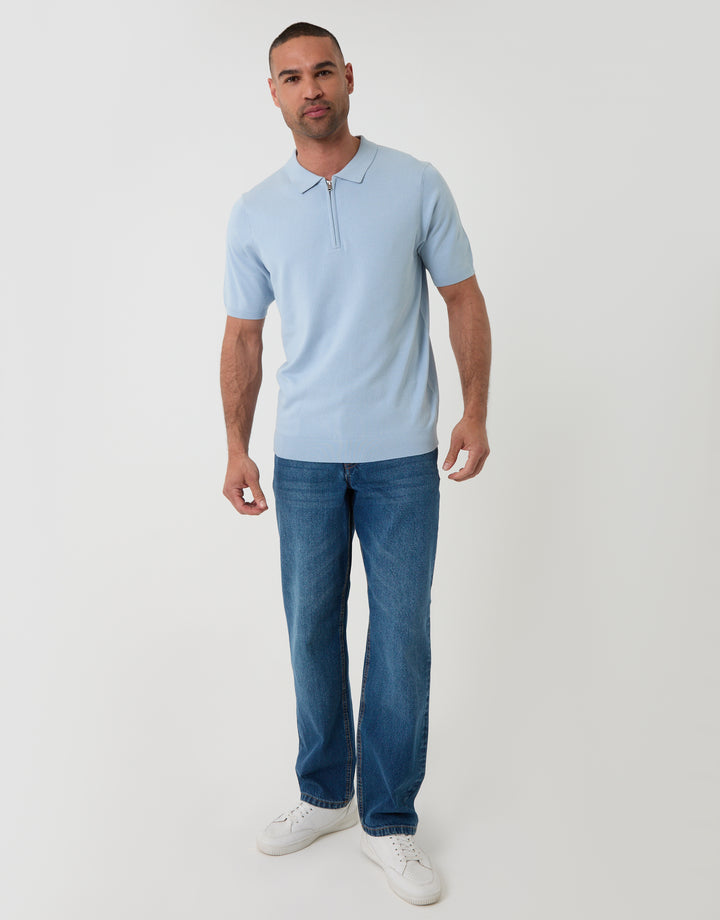 Threadbare Zip Knitted Polo in Light Blue - Full View
