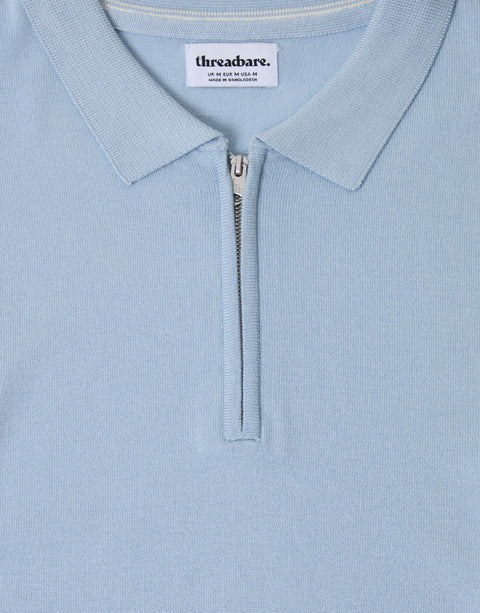 Threadbare Zip Knitted Polo in Light Blue - Close View