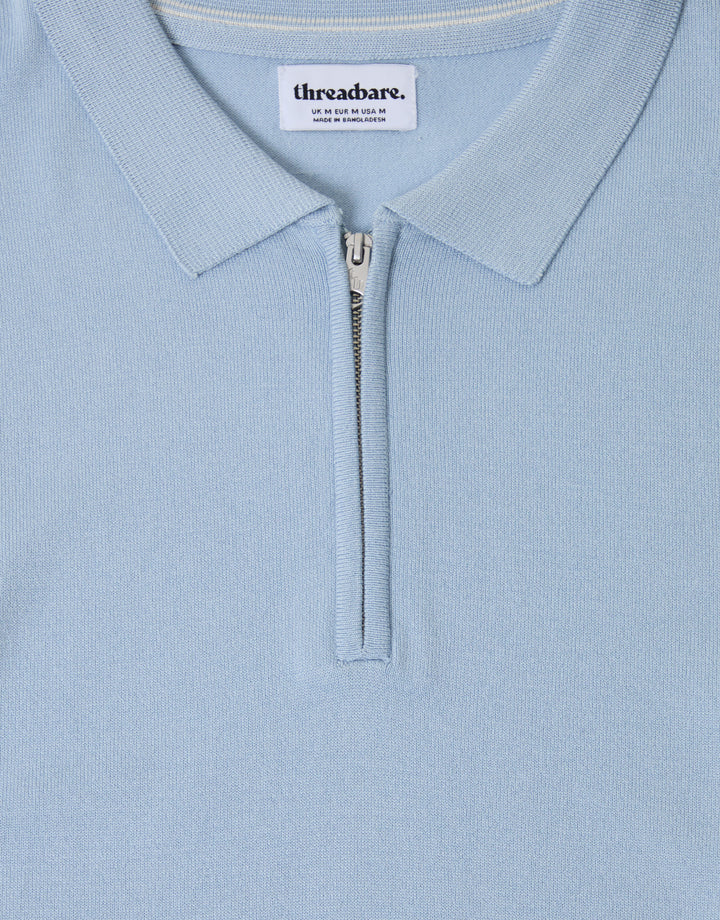 Threadbare Zip Knitted Polo in Light Blue - Close View