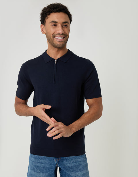 Threadbare Quarter Zip Knitted Polo in Navy - front view